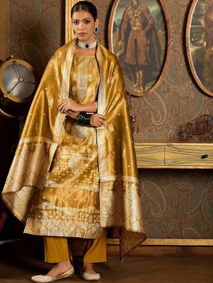 Ethnic Motifs Woven Design Zari Straight Kurta With Trousers & Dupatta 6