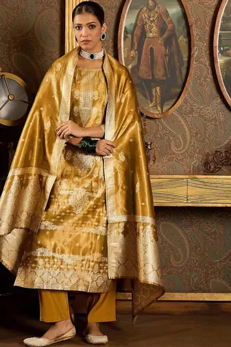 Ethnic Motifs Woven Design Zari Straight Kurta With Trousers & Dupatta