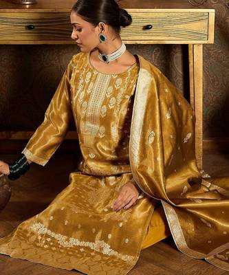 Ethnic Motifs Woven Design Zari Straight Kurta With Trousers & Dupatta 7