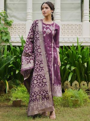 Women Woven Design Regular Kurta with Trousers & With Dupatta 1
