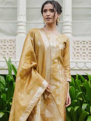 Ethnic Motifs Woven Design Straight Kurta With Trousers & Dupatta 5