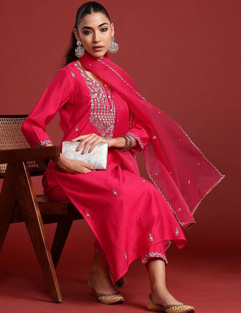 Ethnic Motifs Embroidered Sequinned Kurta With Trousers & Dupatta