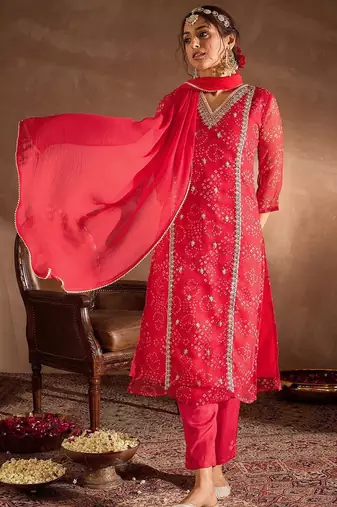 Bandhani Printed V-Neck Zari Silk Chiffon Straight Kurta With Trousers & Dupatta