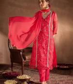Bandhani Printed V-Neck Zari Silk Chiffon Straight Kurta With Trousers & Dupatta
