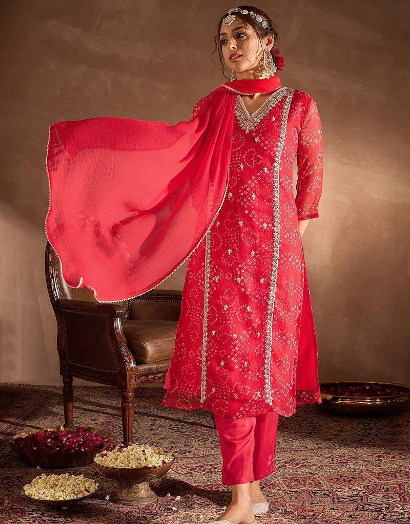 Bandhani Printed V-Neck Zari Silk Chiffon Straight Kurta With Trousers & Dupatta