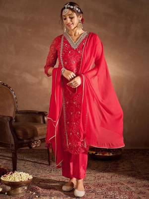 Bandhani Printed V-Neck Zari Silk Chiffon Straight Kurta With Trousers & Dupatta 2