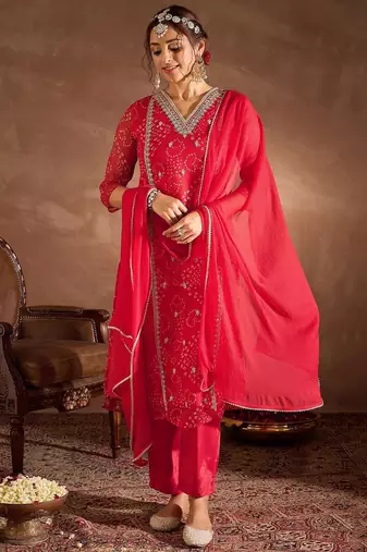 Bandhani Printed V-Neck Zari Silk Chiffon Straight Kurta With Trousers & Dupatta