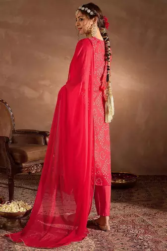 Bandhani Printed V-Neck Zari Silk Chiffon Straight Kurta With Trousers & Dupatta