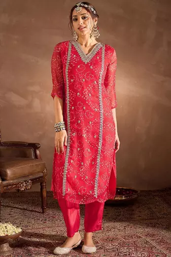 Bandhani Printed V-Neck Zari Silk Chiffon Straight Kurta With Trousers & Dupatta