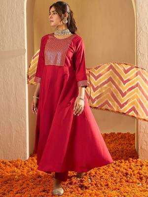 Chevron Embroidered Sequinned Liva A-Line Kurta With Trousers & With Dupatta 1