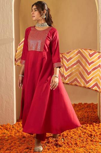Chevron Embroidered Sequinned Liva A-Line Kurta With Trousers & With Dupatta