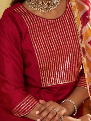 Chevron Embroidered Sequinned Liva A-Line Kurta With Trousers & With Dupatta 2