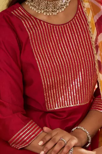 Chevron Embroidered Sequinned Liva A-Line Kurta With Trousers & With Dupatta