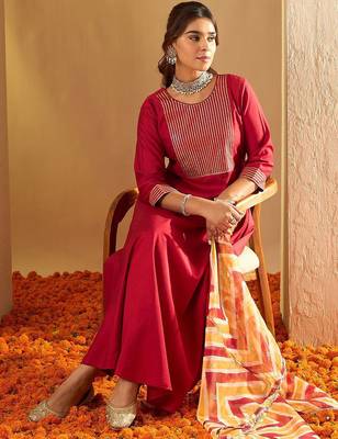 Chevron Embroidered Sequinned Liva A-Line Kurta With Trousers & With Dupatta 5