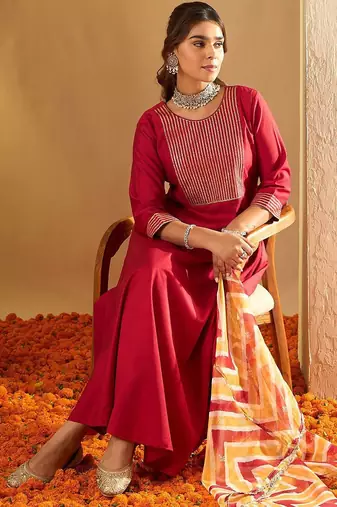 Chevron Embroidered Sequinned Liva A-Line Kurta With Trousers & With Dupatta
