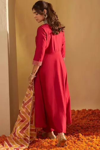 Chevron Embroidered Sequinned Liva A-Line Kurta With Trousers & With Dupatta
