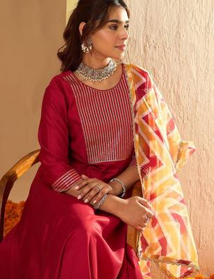 Chevron Embroidered Sequinned Liva A-Line Kurta With Trousers & With Dupatta 7