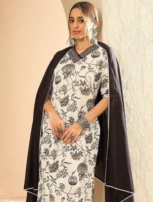 Floral Printed Embellished Pure Cotton Straight Kurta with Trouser And Dupatta 1