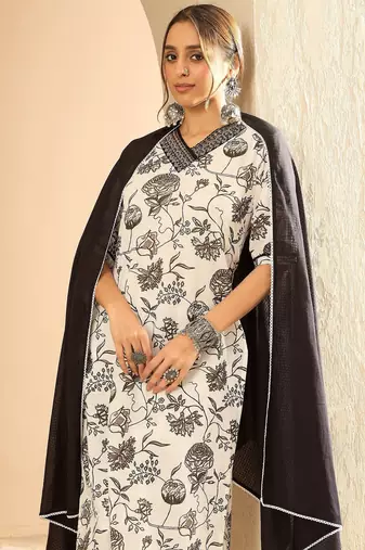 Floral Printed Embellished Pure Cotton Straight Kurta with Trouser And Dupatta