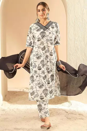 Floral Printed Embellished Pure Cotton Straight Kurta with Trouser And Dupatta