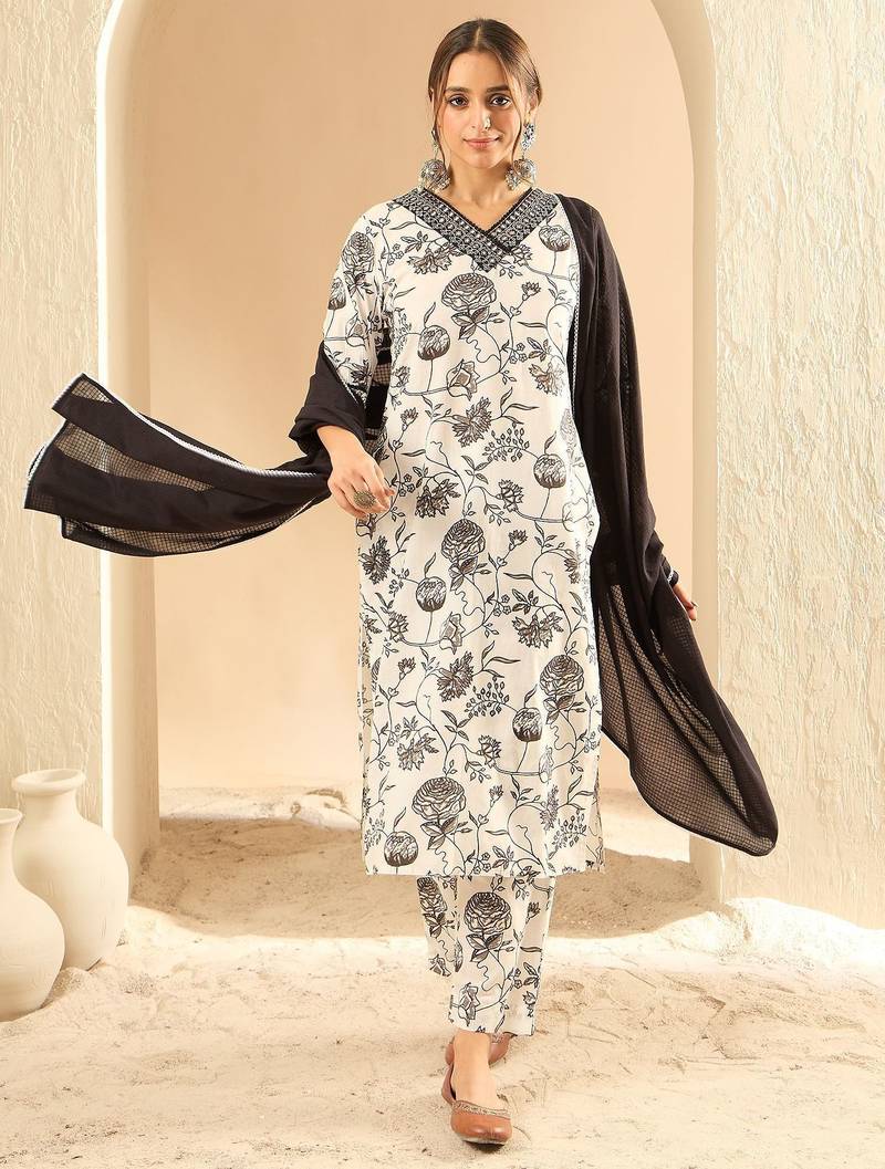 Floral Printed Embellished Pure Cotton Straight Kurta with Trouser And Dupatta
