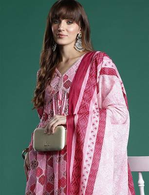 Ethnic Motifs Printed Empire Mirror Work Pure Cotton Kurta Set 1