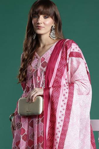 Ethnic Motifs Printed Empire Mirror Work Pure Cotton Kurta Set