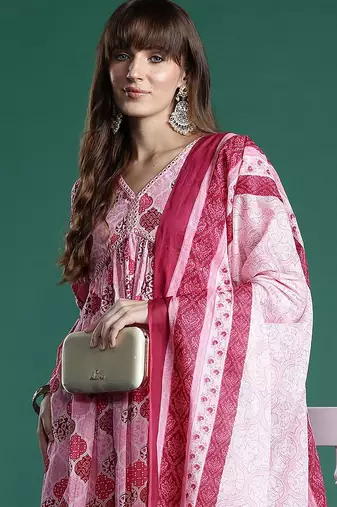 Ethnic Motifs Printed Empire Mirror Work Pure Cotton Kurta Set