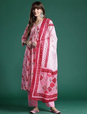 Ethnic Motifs Printed Empire Mirror Work Pure Cotton Kurta Set 2