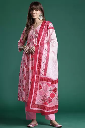 Ethnic Motifs Printed Empire Mirror Work Pure Cotton Kurta Set