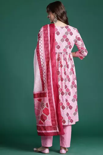 Ethnic Motifs Printed Empire Mirror Work Pure Cotton Kurta Set