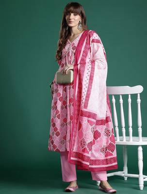 Ethnic Motifs Printed Empire Mirror Work Pure Cotton Kurta Set 7