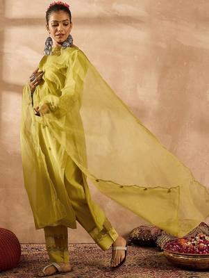 Women Ethnic Motifs Embroidered Regular Liva Kurta with Trousers & With Dupatta 5