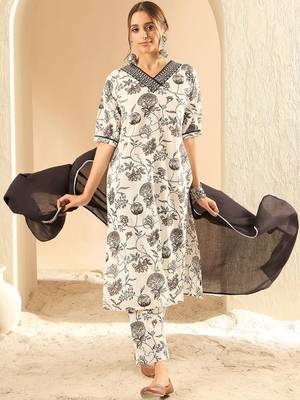 Women Printed Regular Mirror Work Pure Cotton Kurta with Trousers & With Dupatta 1