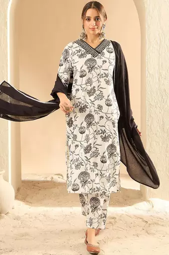Women Printed Regular Mirror Work Pure Cotton Kurta with Trousers & With Dupatta