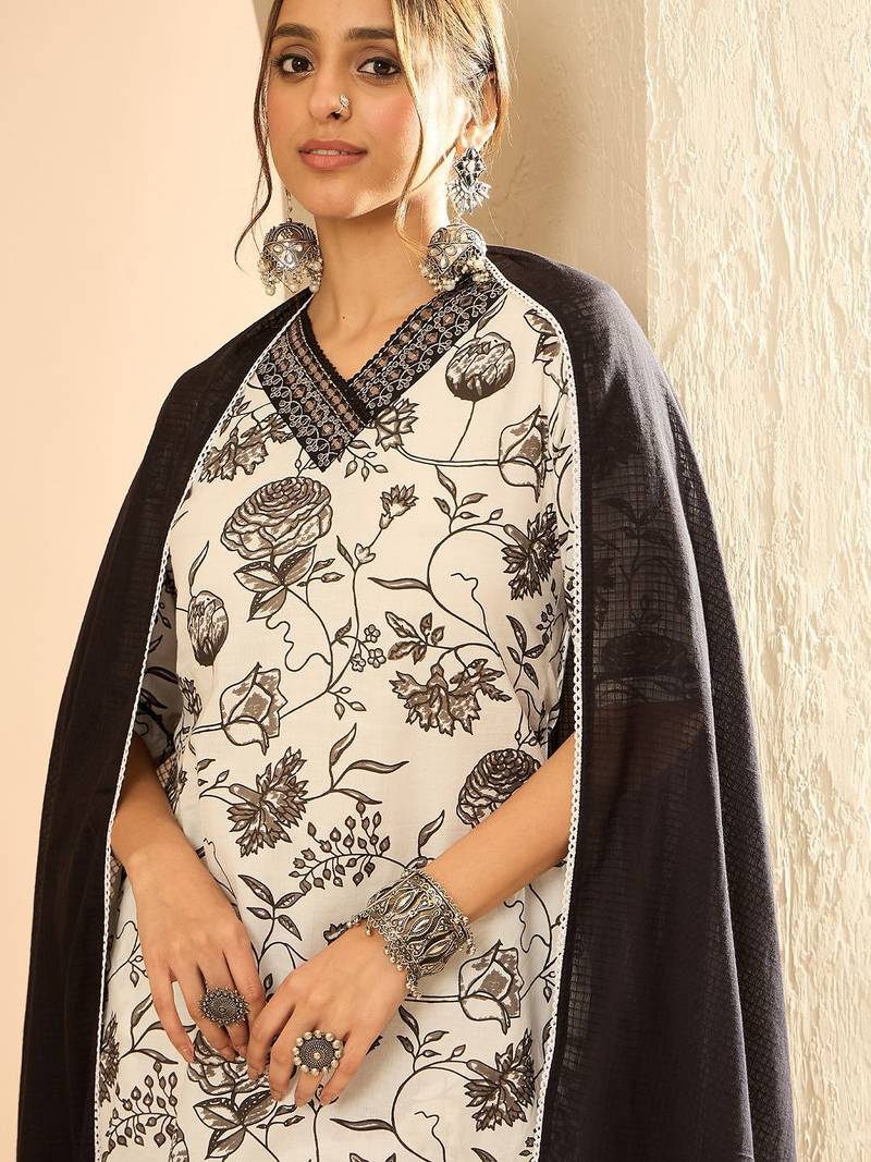 Women Printed Regular Mirror Work Pure Cotton Kurta with Trousers & With Dupatta