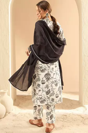 Women Printed Regular Mirror Work Pure Cotton Kurta with Trousers & With Dupatta