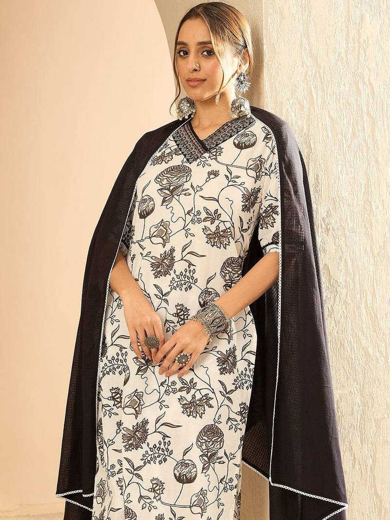 Women Printed Regular Mirror Work Pure Cotton Kurta with Trousers & With Dupatta