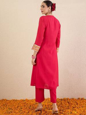 Women Ethnic Motifs Embroidered Mandarin Collar Mirror Work Kurta Trousers 6