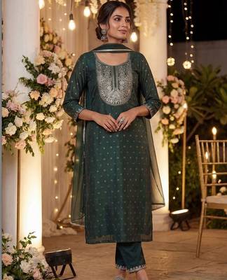 Women Embroidered Regular Chanderi Silk Kurta with Trousers & With Dupatta 1