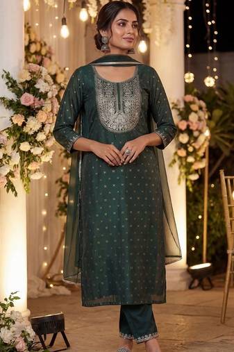Women Embroidered Regular Chanderi Silk Kurta with Trousers & With Dupatta