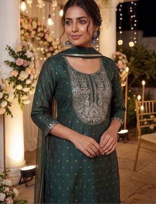 Women Embroidered Regular Chanderi Silk Kurta with Trousers & With Dupatta 2