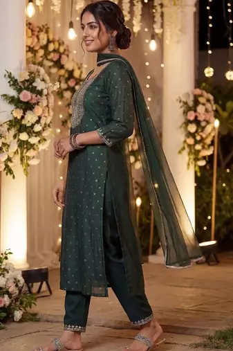 Women Embroidered Regular Chanderi Silk Kurta with Trousers & With Dupatta