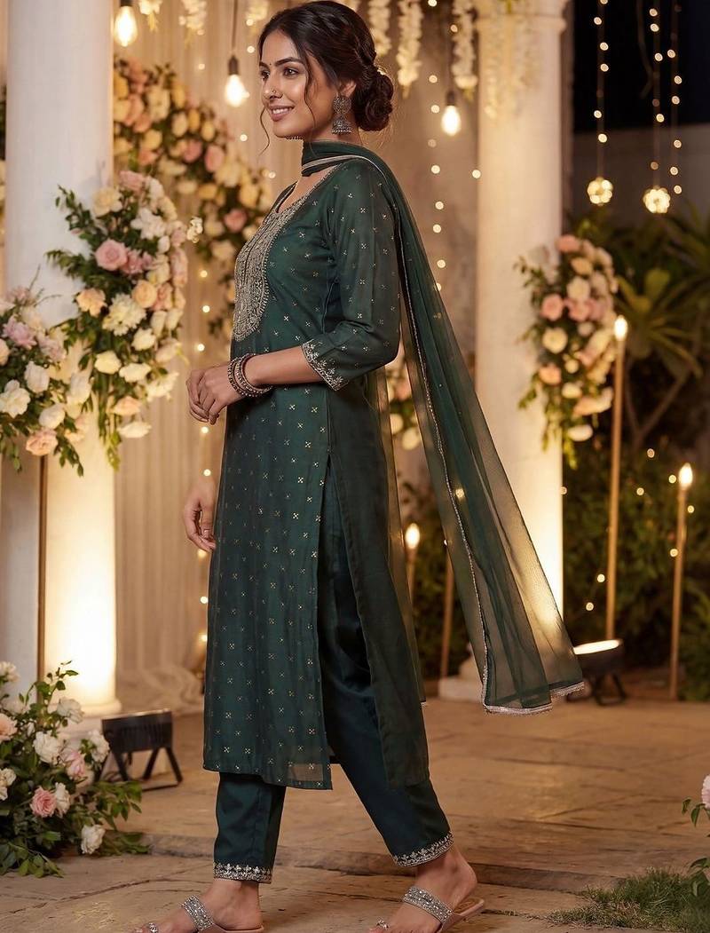 Women Embroidered Regular Chanderi Silk Kurta with Trousers & With Dupatta