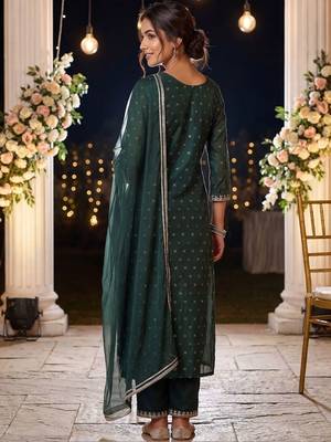Women Embroidered Regular Chanderi Silk Kurta with Trousers & With Dupatta 4