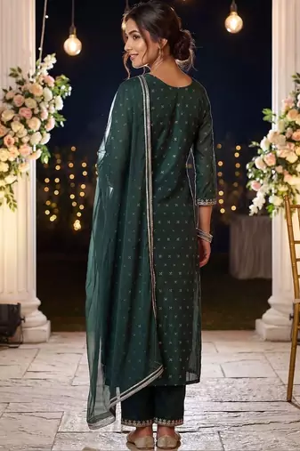 Women Embroidered Regular Chanderi Silk Kurta with Trousers & With Dupatta
