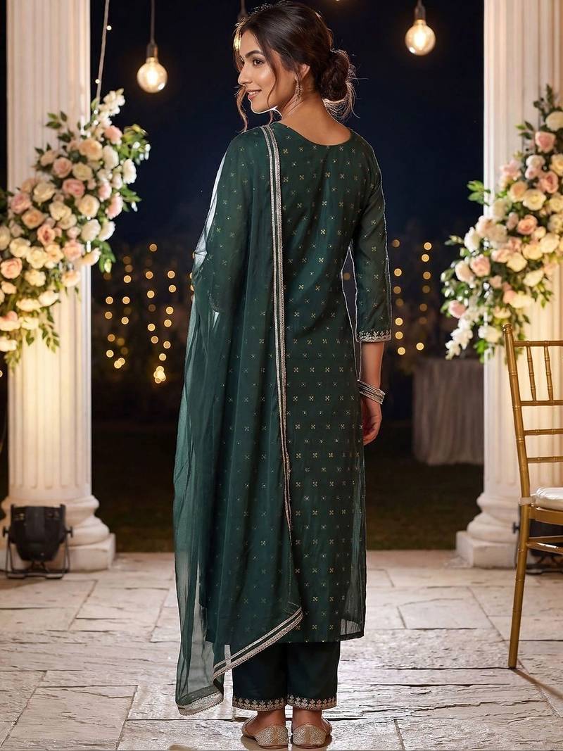Women Embroidered Regular Chanderi Silk Kurta with Trousers & With Dupatta
