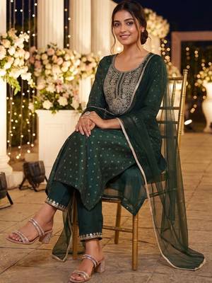 Women Embroidered Regular Chanderi Silk Kurta with Trousers & With Dupatta 5