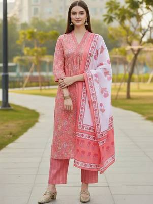 Women Floral Printed Empire Pure Cotton Kurta with Trousers & With Dupatta 1