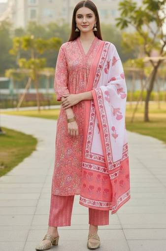 Women Floral Printed Empire Pure Cotton Kurta with Trousers & With Dupatta
